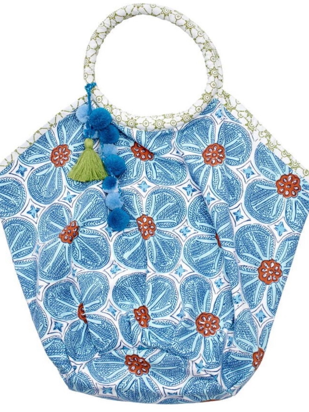 RARE/NWT John Robshaw Teal Floral Tote with Orange Accents and Blue Pom Charm - Picture 4 of 4